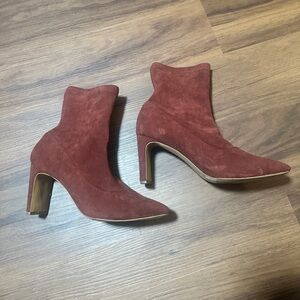 Chic Rust Suede Heeled Boots - The Drop Jane High Heel Pull-On Sock Boot Faux